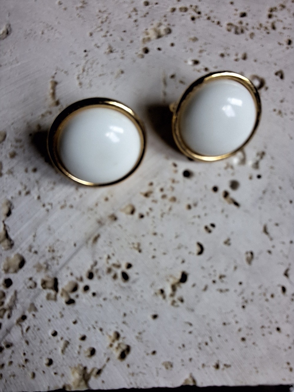 Trifari Vintage Classic Gold-Trim White Dome Stud Earrings - Picture 2 of 6